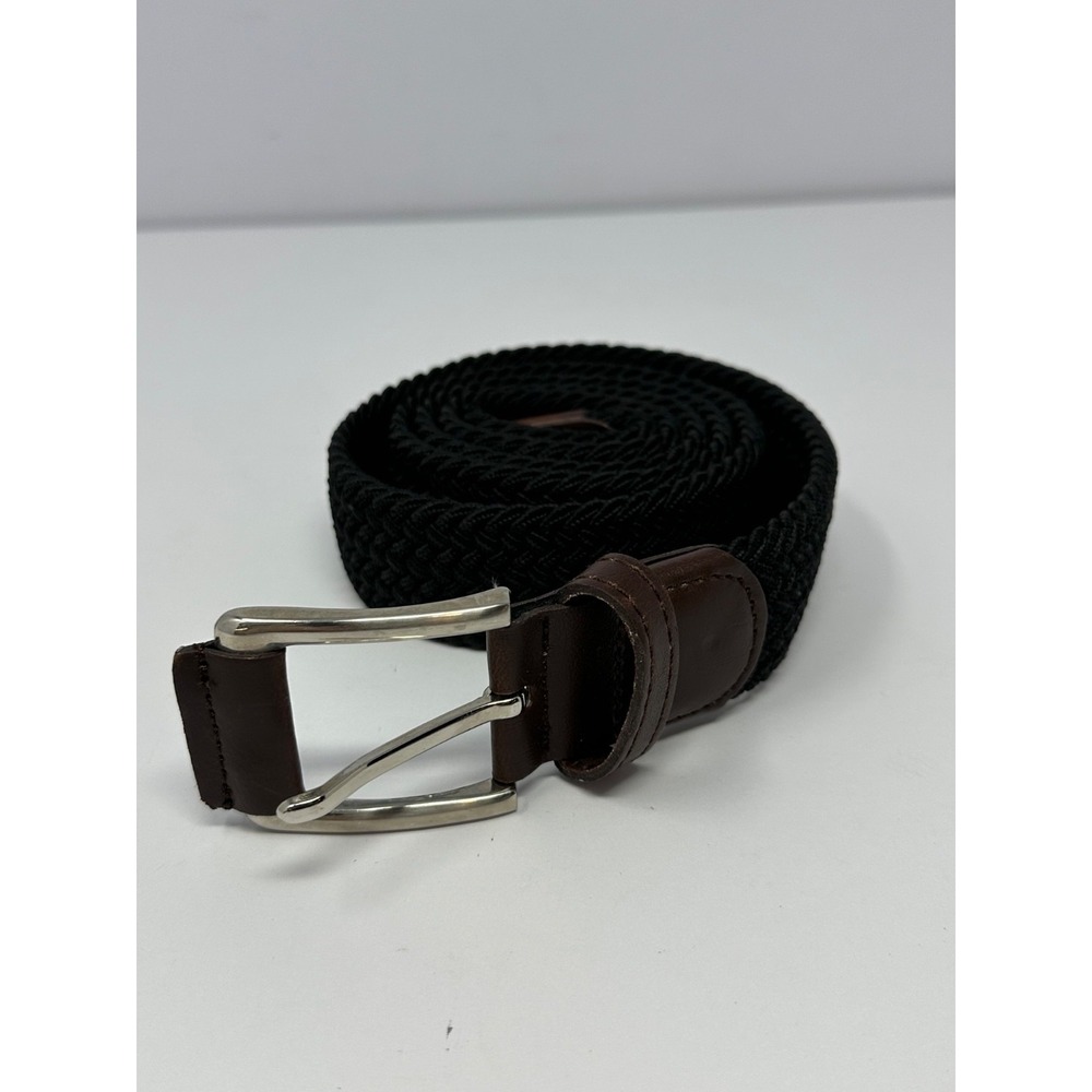 TORINO Italian Woven Elastic Belt Leather Tabs Black Sz 42 Made In USA V5